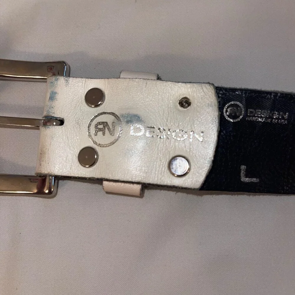 Rn Design Womens Belt Size Large White Leather Studded Swarosky Crystals